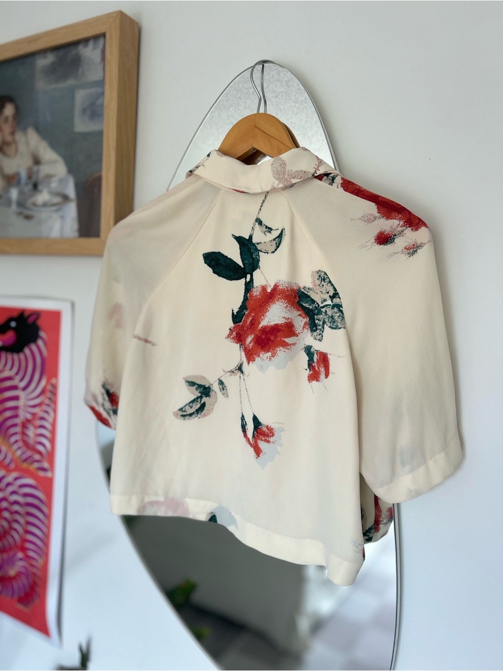 Aritzia Cream Short-Sleeve Button Down Shirt with Red & Green Floral Print - Picture 4 of 4